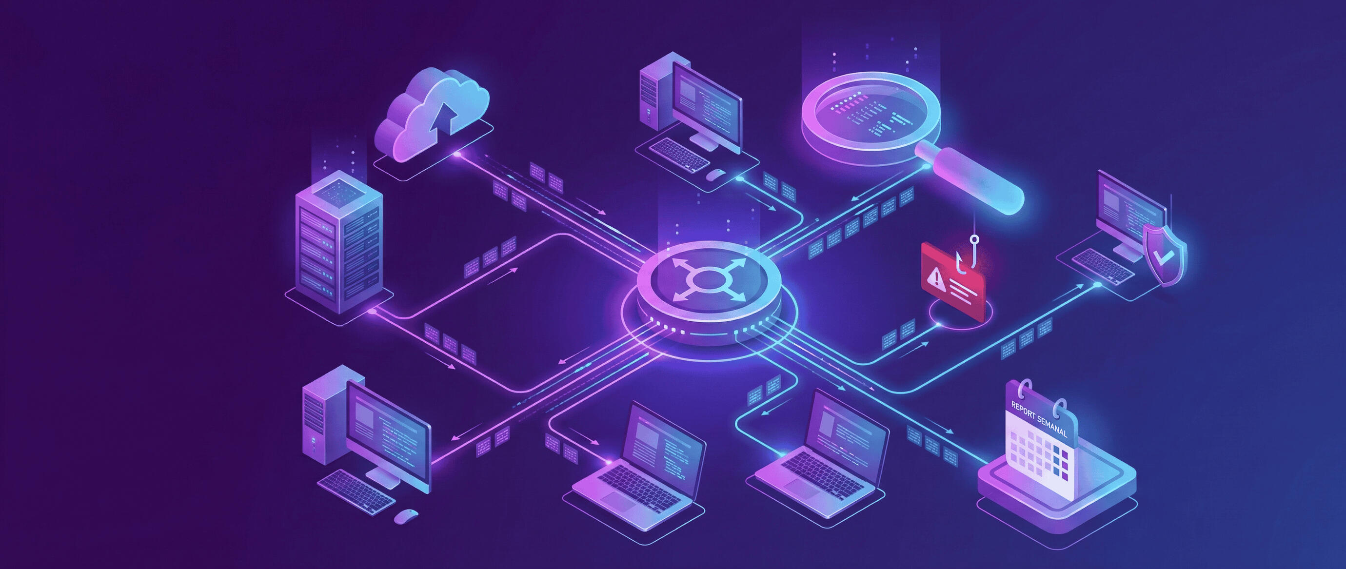 Monitorización y Visibilidad de Infraestructura de Red Mapa de red isométrico mostrando visibilidad total de activos digitales y servidores. Sistema de auditoría continua para detectar herramientas mal configuradas y bloquear ataques de Phishing.