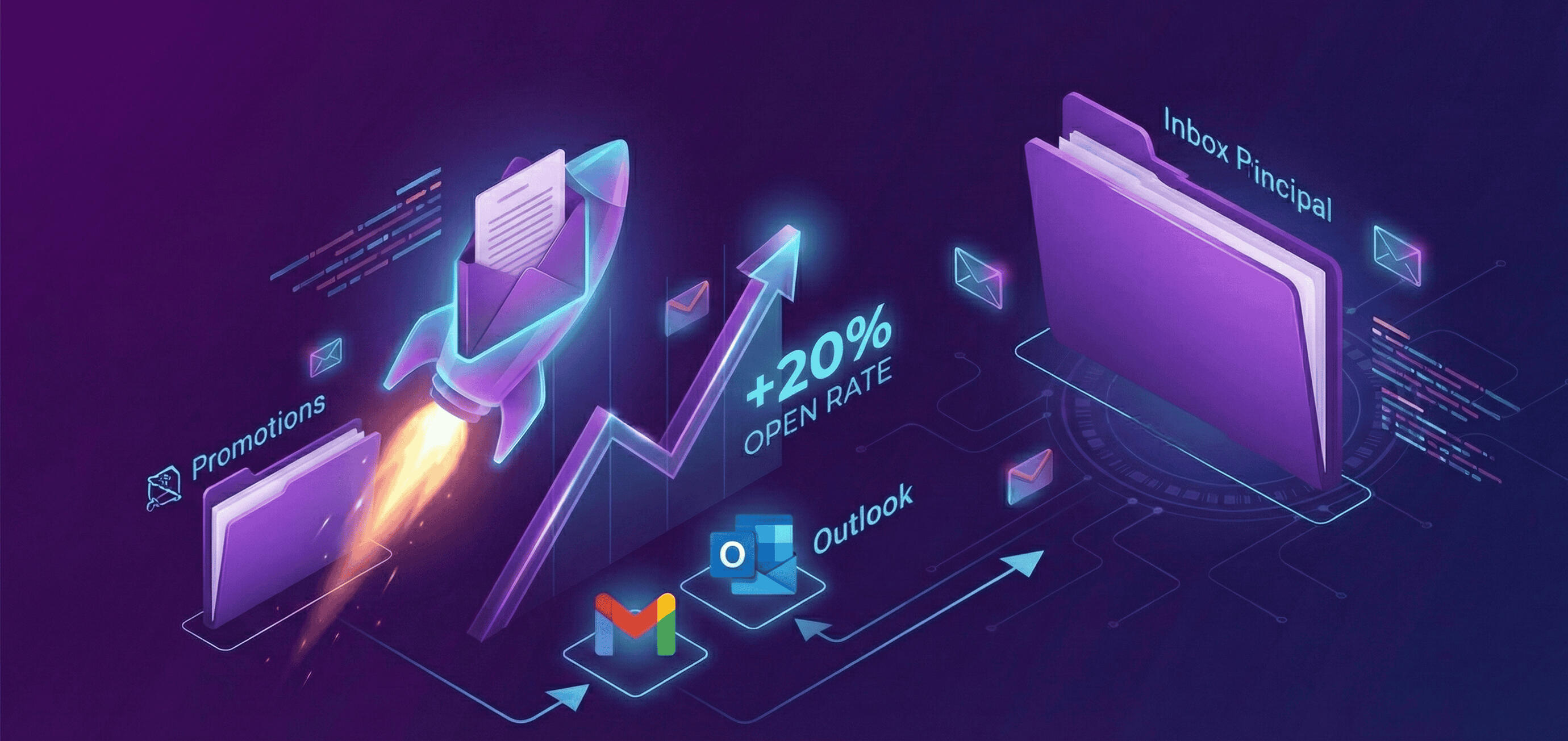Aumento de Tasa de Apertura y Entregabilidad de Correo Gráfico de crecimiento mostrando un aumento del 20% en Open Rate. Cohete digital simbolizando la mejora de entregabilidad en Gmail y Outlook para evitar la carpeta de Spam.