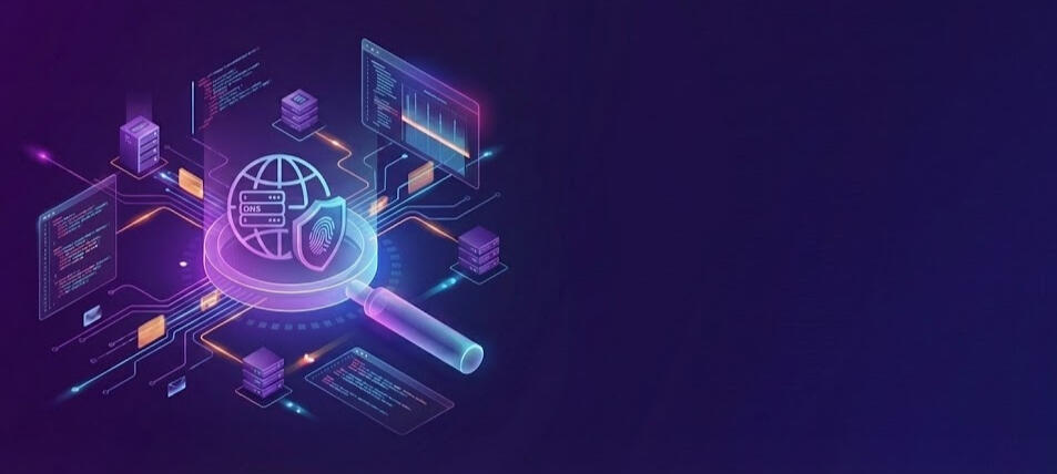 Ilustración de escaneo de seguridad DNS y detección de vulnerabilidades para implementación DMARC.