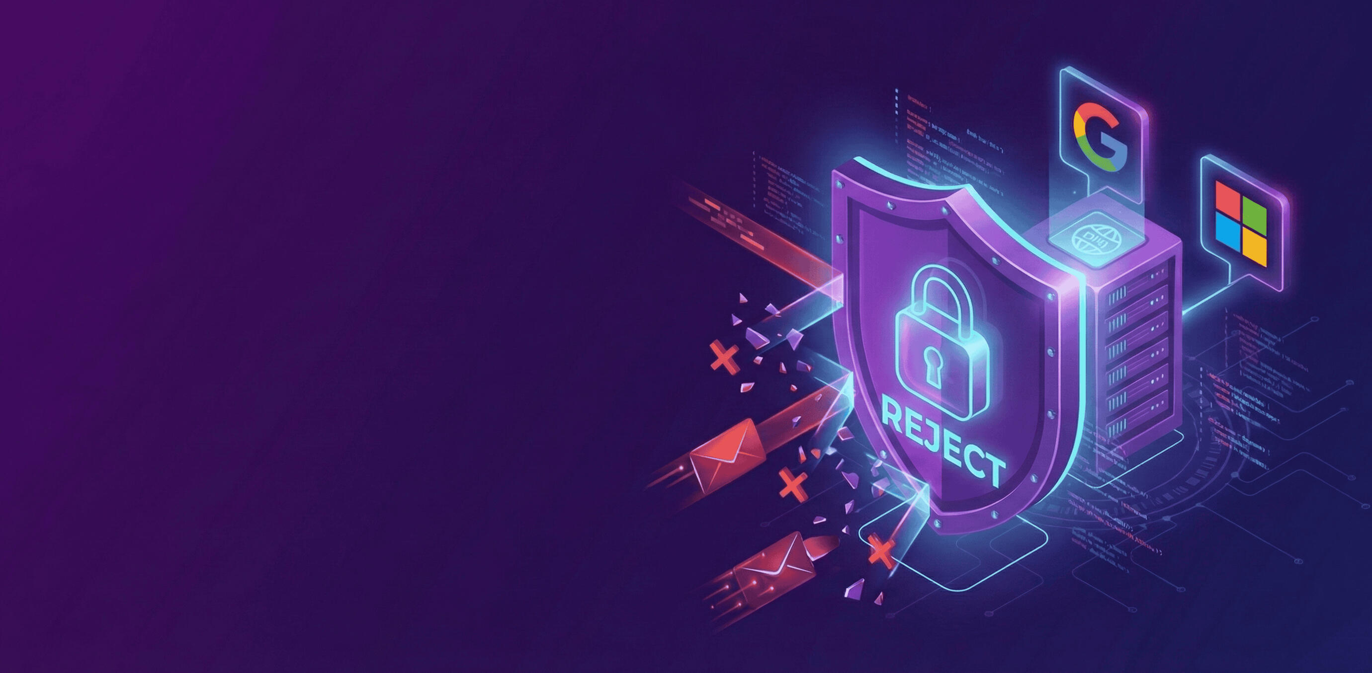 Escudo de ciberseguridad 3D con la etiqueta "REJECT" bloqueando intentos de suplantación. Representación visual del blindaje de identidad en infraestructuras de Google Workspace y Microsoft 365.